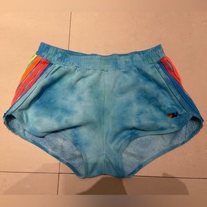 Aviator Nation 5 Stripe Hand Dyed Jogger Shorts - Blue // Neon Rainbow